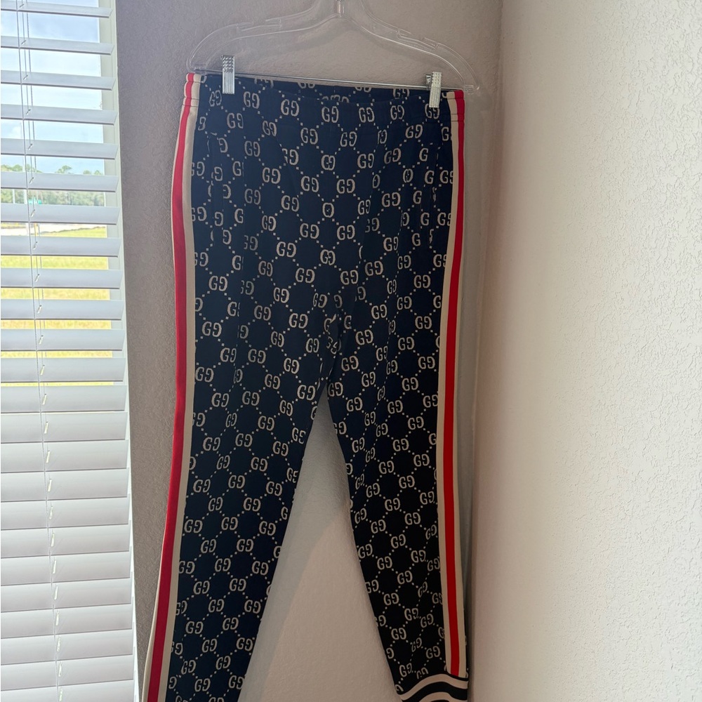 Gucci Black GG Logo Track Pants with Red and White Stripes (Gently used)